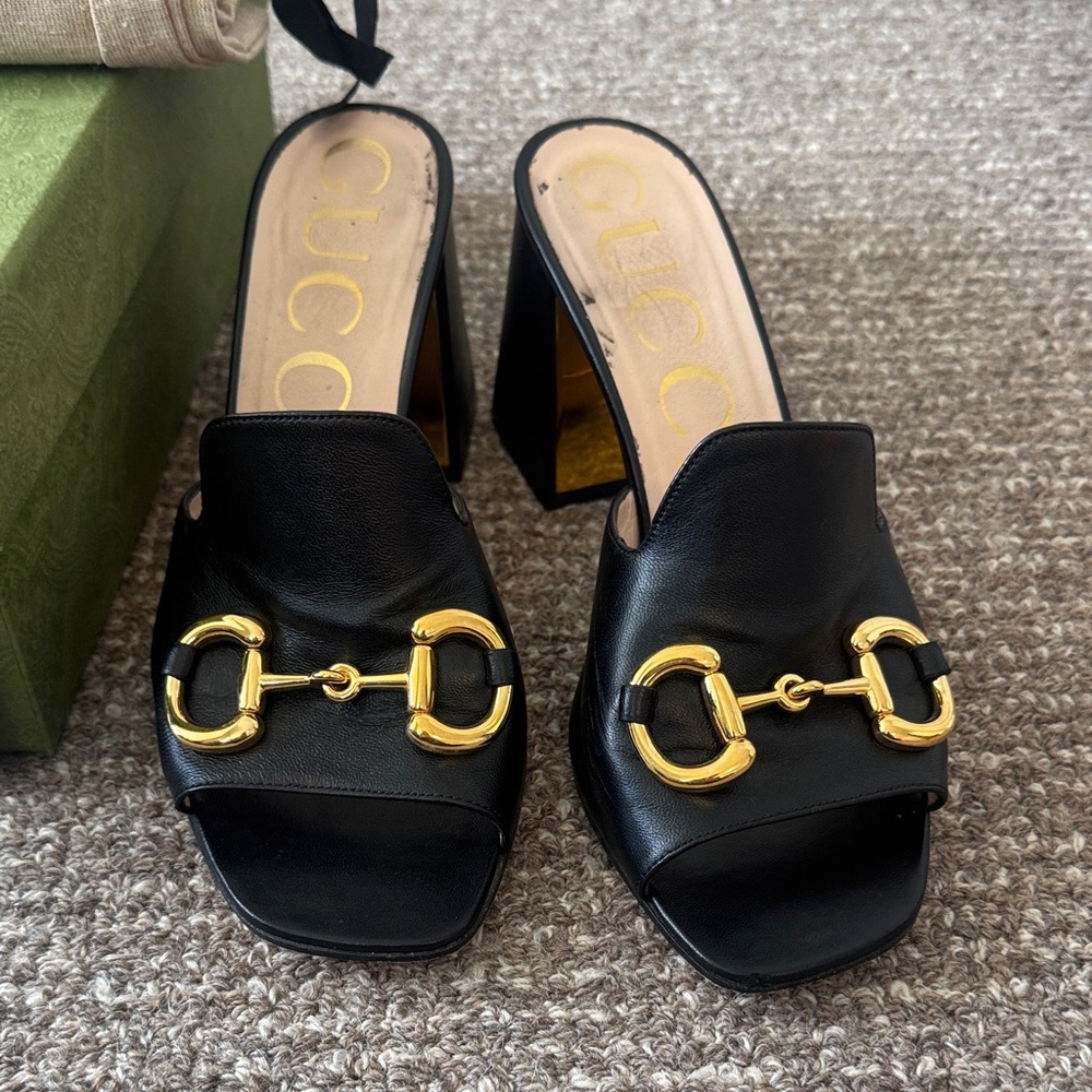 Gucci Black Mules with Gold Hardware